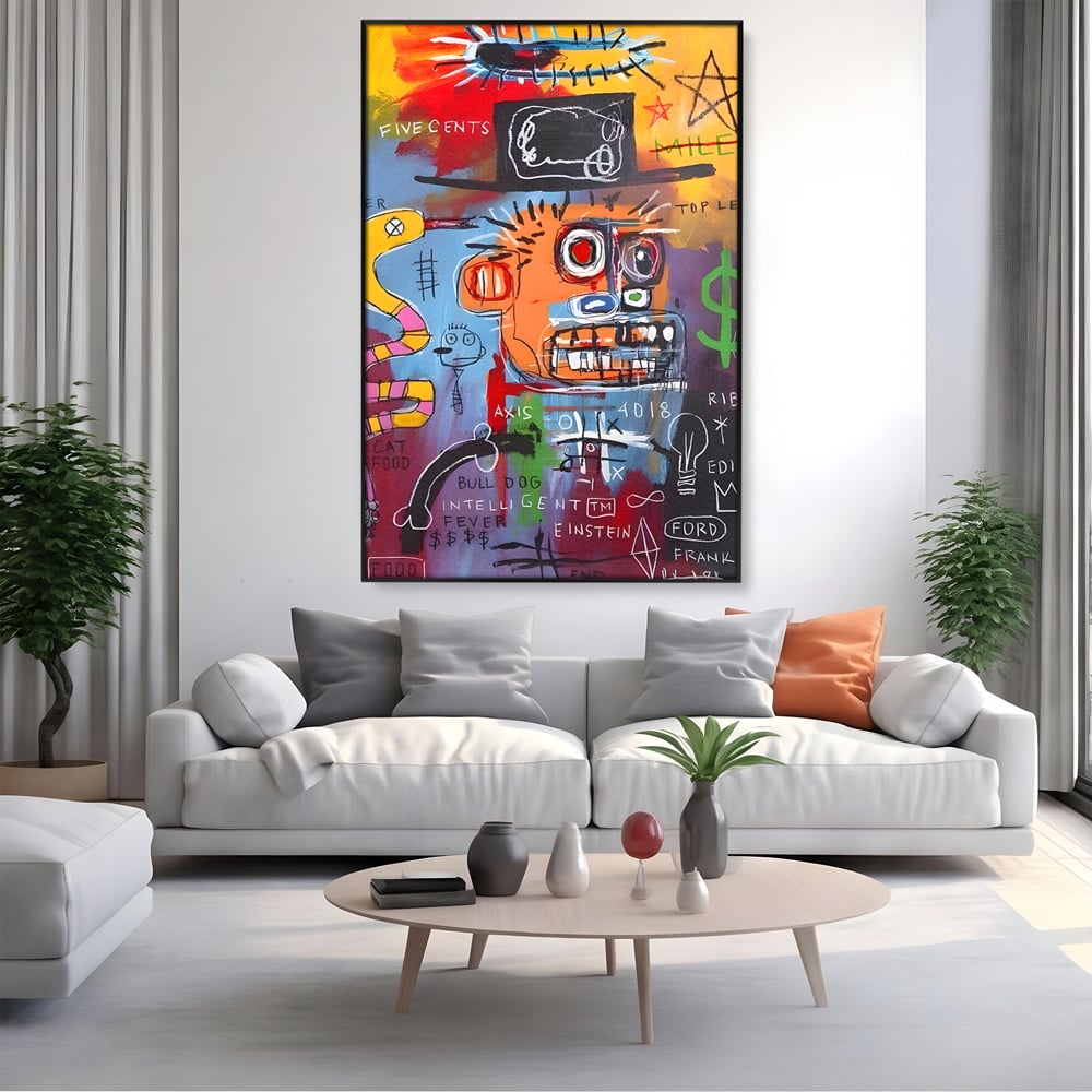 Tablou canvas cu tablou abstract cu portret si inscriptii, in rama de aluminiu negru, pe perete intr-un living